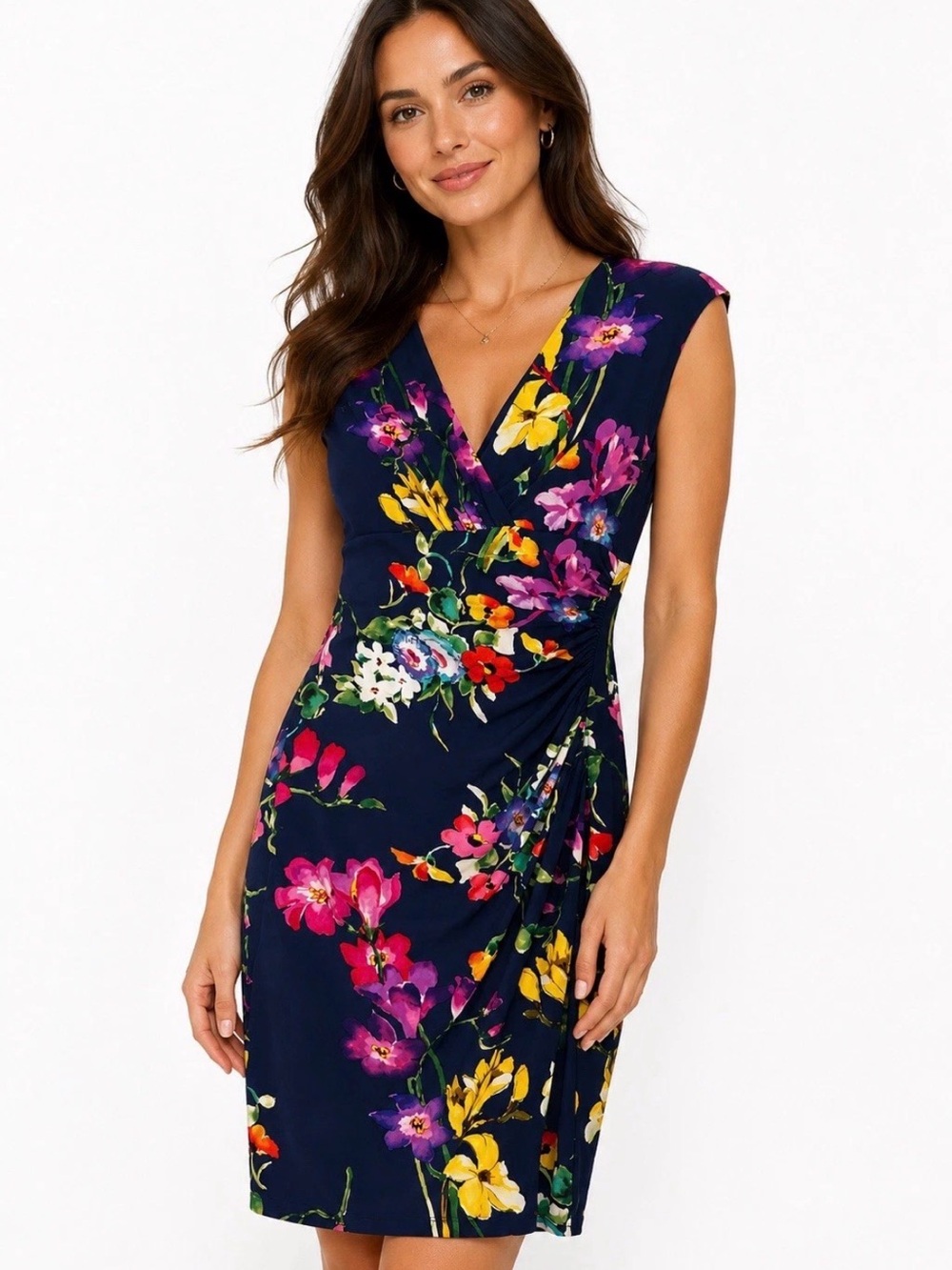 UEC Lauren Ralph Lauren Navy & Bright Floral Faux Wrap V-Neck Sheath Dress SZ 8